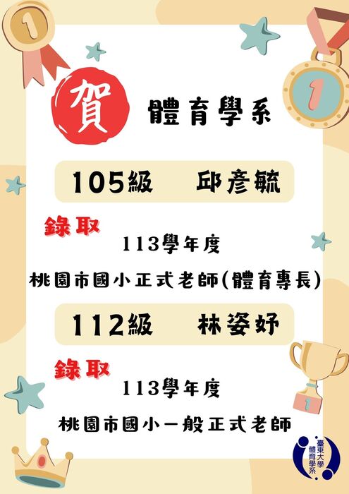 【榮譽榜】恭賀各縣市體育系校友教甄錄取名單圖片