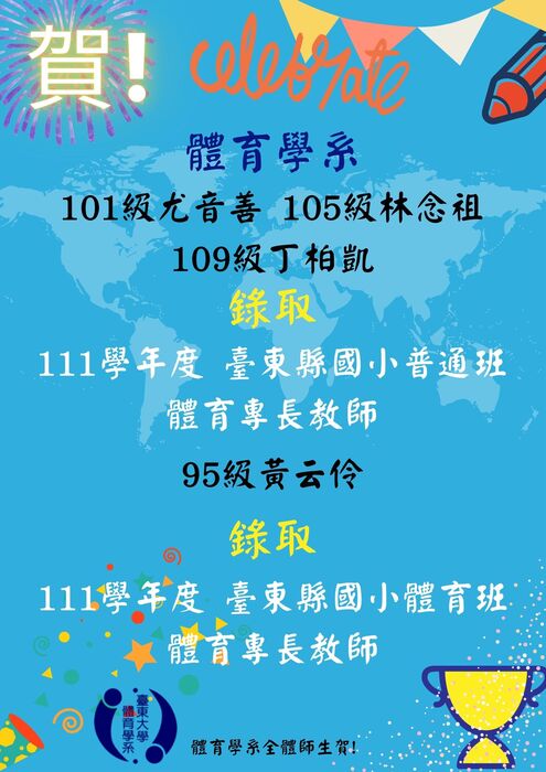 【榮譽榜】111學年度教師甄試錄取(臺東體育)圖片