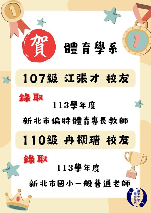 【榮譽榜】恭賀台北市及新北市體育系校友教甄錄取名單圖片