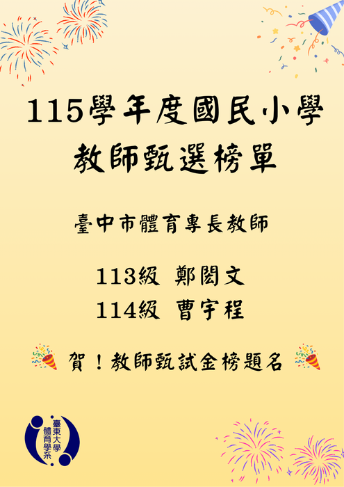 【榮譽榜】115學年度國民小學教師甄選榜單-臺中市體育專長教師